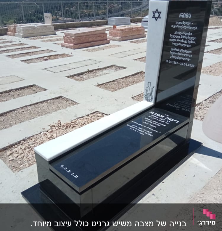 מצבה שחורה עם כיתוב לבן בבית קברות